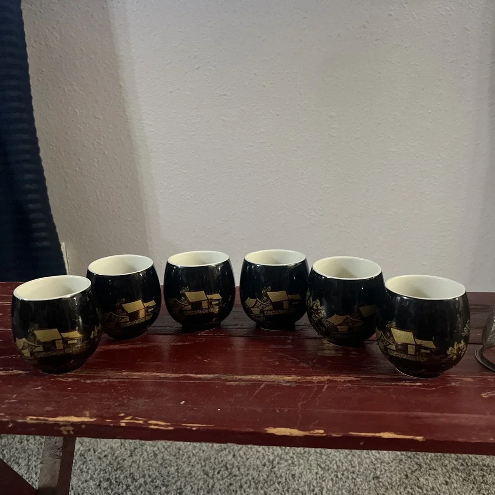 Vintage Dujust Japanese Tea Pot & 6 Cups Black & Gold House & Tree‎ Design